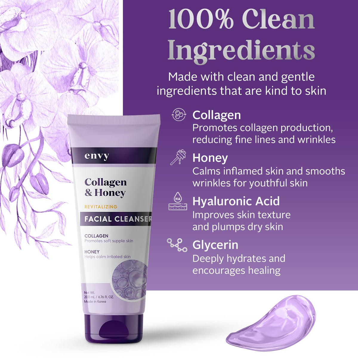 Facial Cleanser with Collagen & Honey - Reduces Fine Lines, Wrinkles & Hydrating - Clean, Cruelty-Free Korean Skin Care for All Skin Types - Dermatologist Tested - 6.76 Oz